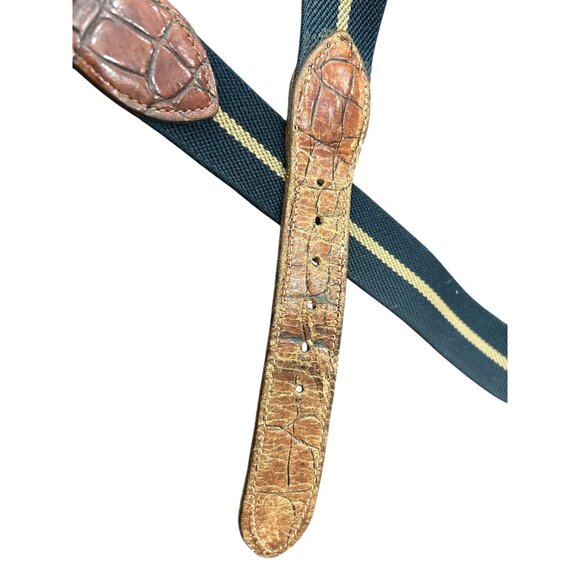Vintage Jos A Bank Navy Leather Canvas Belt 38 Inch Brass Buckle Croc Embossing - Picture 2 of 9